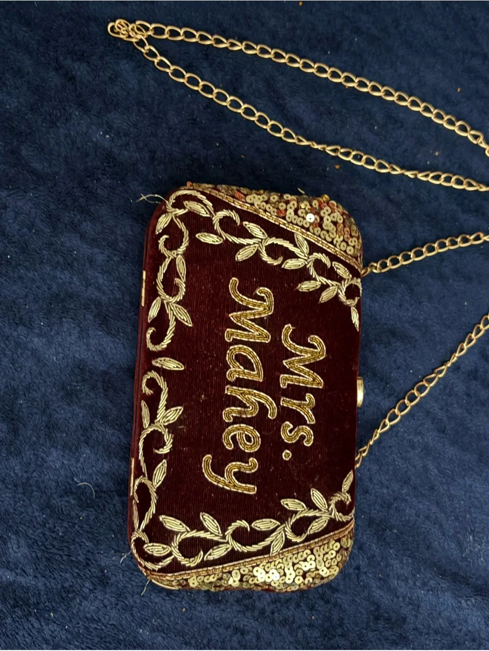 Burgundy Gold Embroidered 'Mrs. Maybee' Evening Clutch